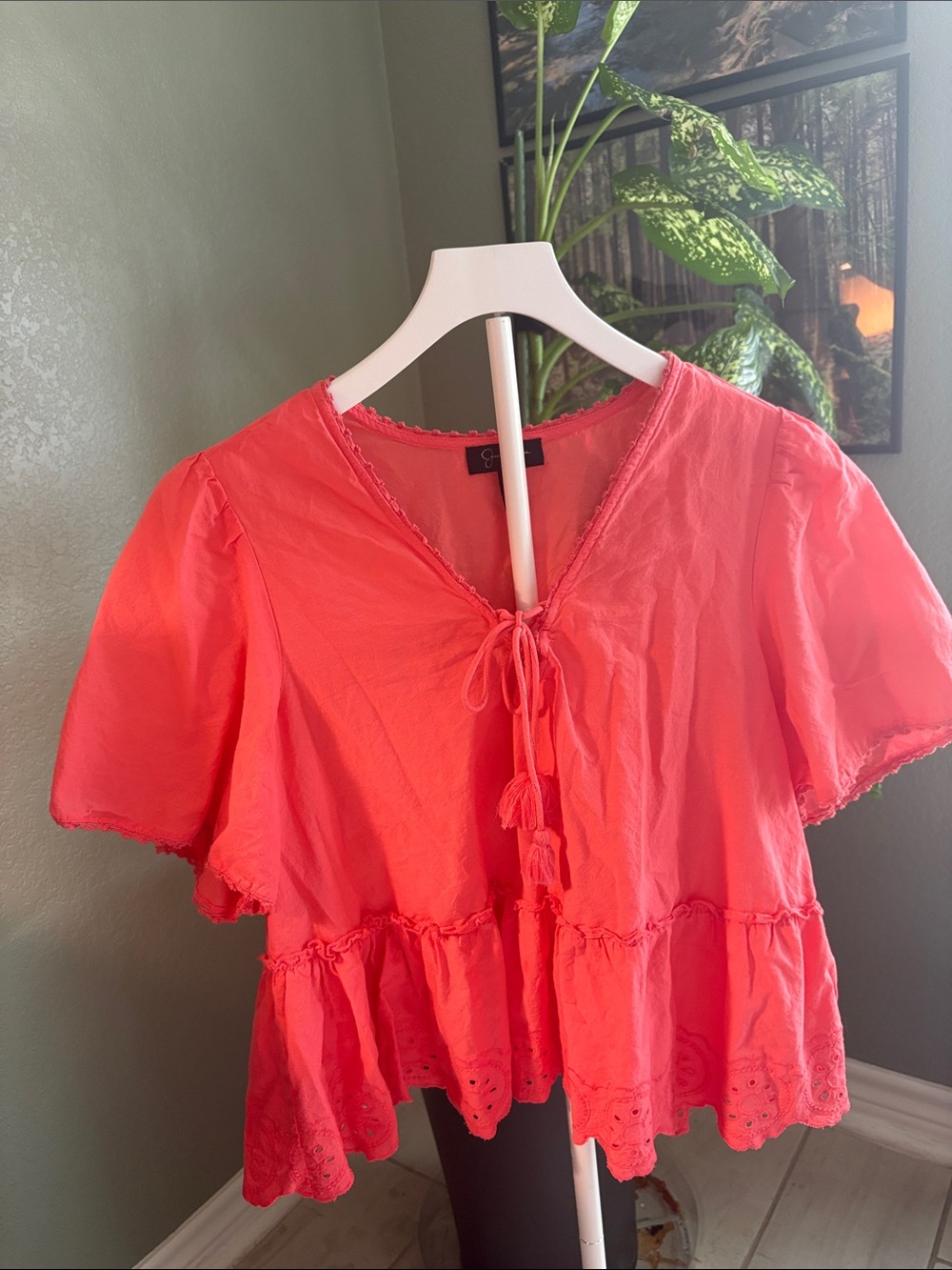 Women’s Coral Tie-Front Peasant Top